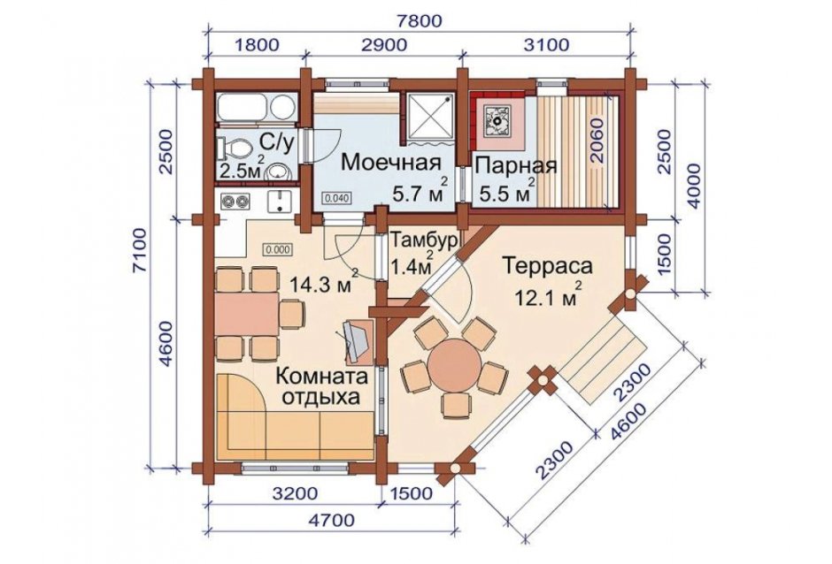 Проекты угловых бань с террасой