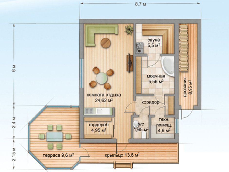 Баня с верандой 7х4м с санузлом из бруса проекты