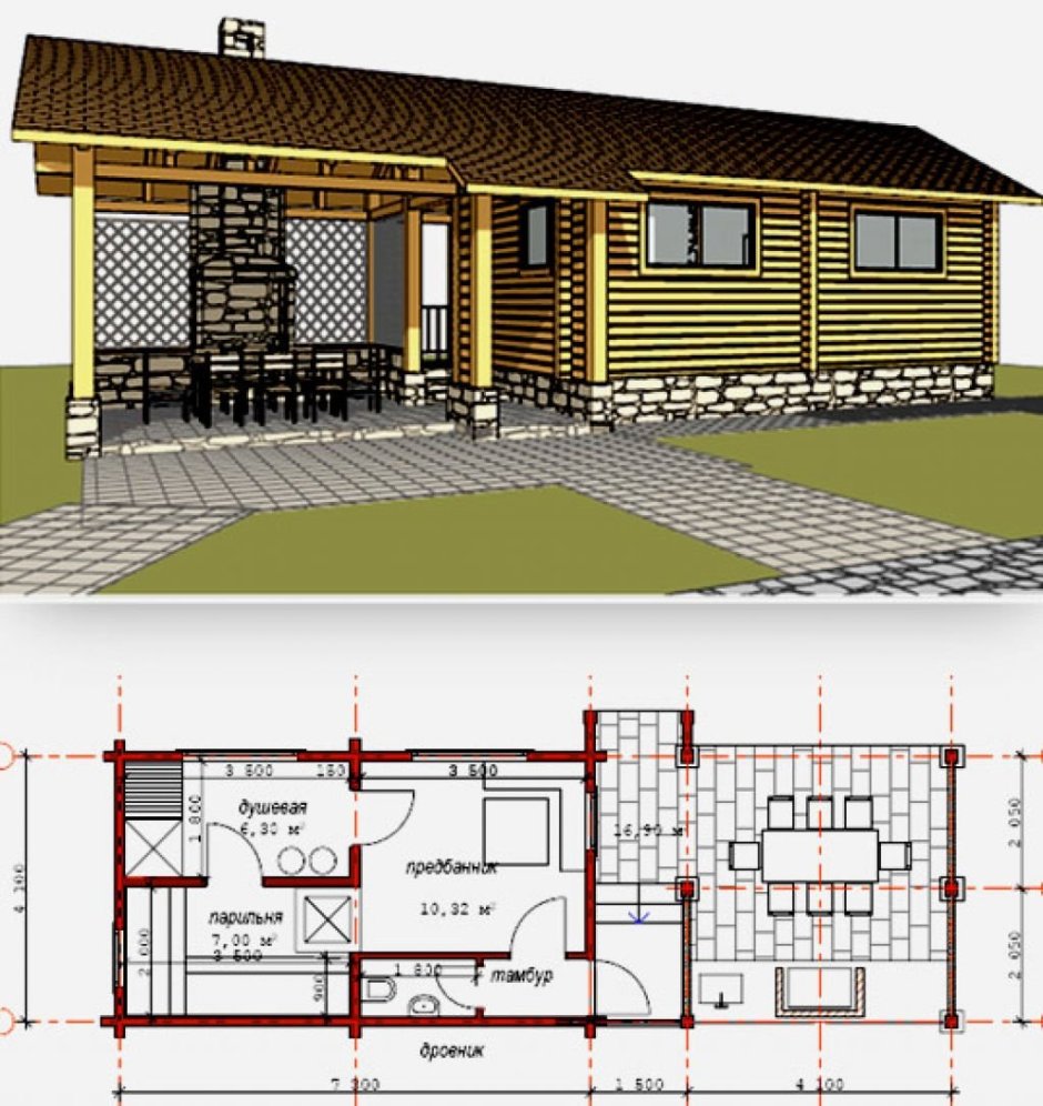 Баня с верандой под одной крышей 6на5