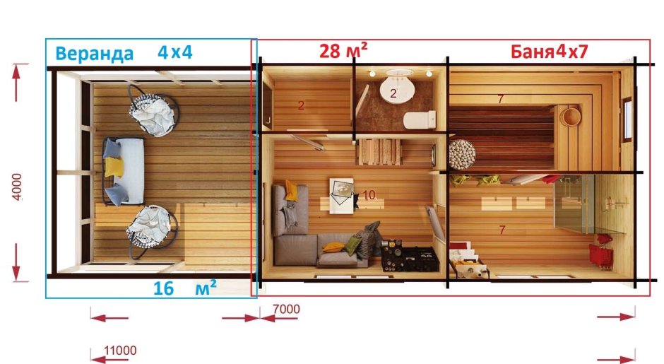 Модульная баня каркасная 7х2,5