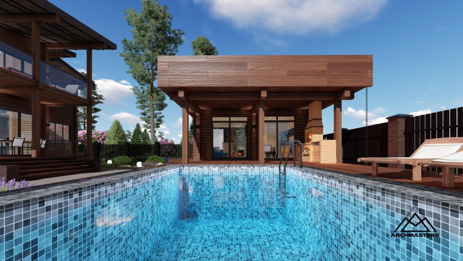 Баня с террасой и бассейном