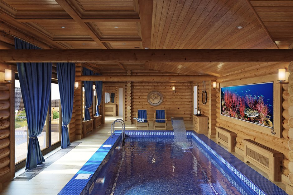 Деревянная баня с бассейном