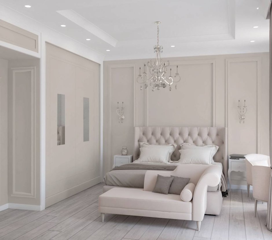 Спальня в неоклассическом стиле в светлых тонах