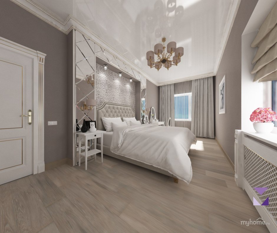 Спальня в неоклассическом стиле в светлых тонах