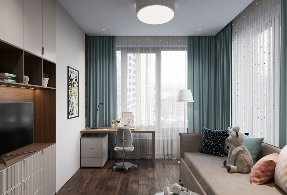 Детская с двумя окнами на разных стенах