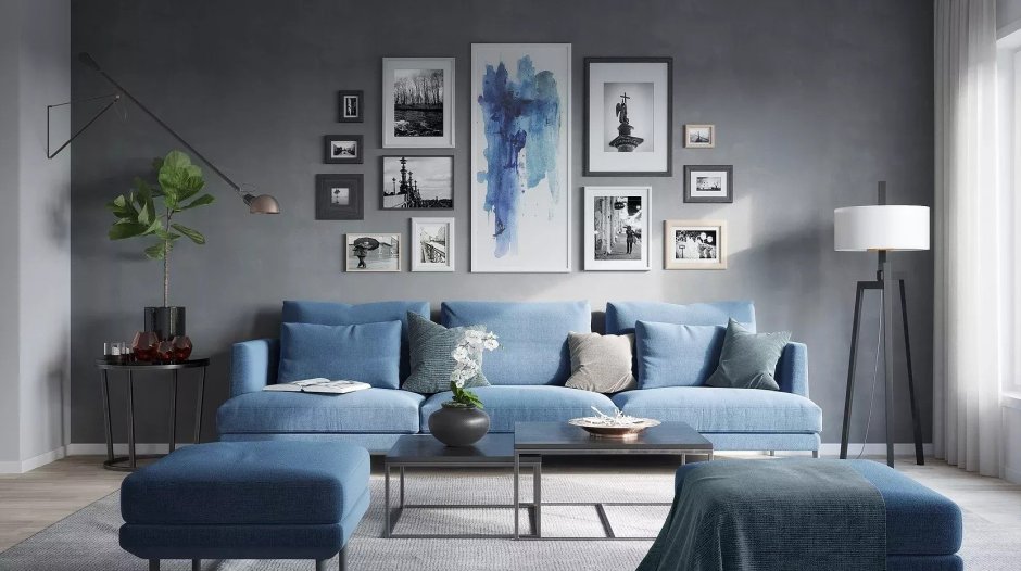 Интерьер с серо синим диваном