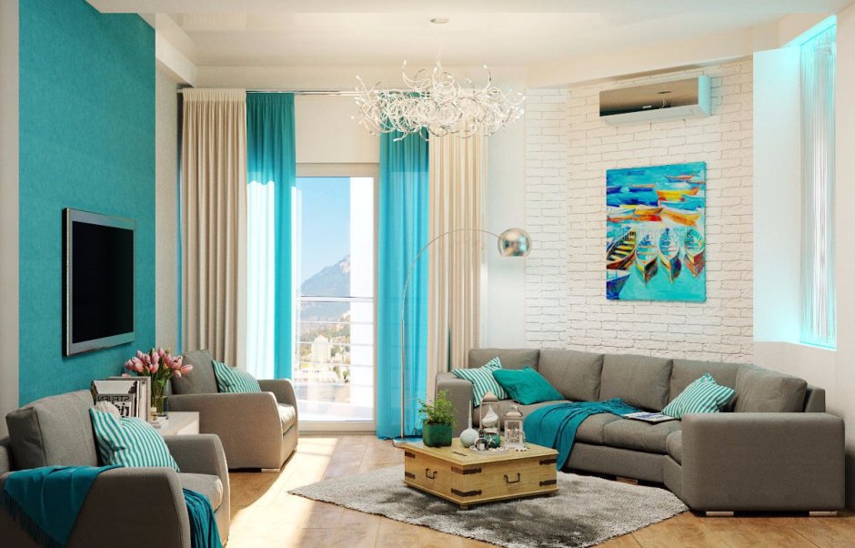 Бирюзовый интерьер гостиной