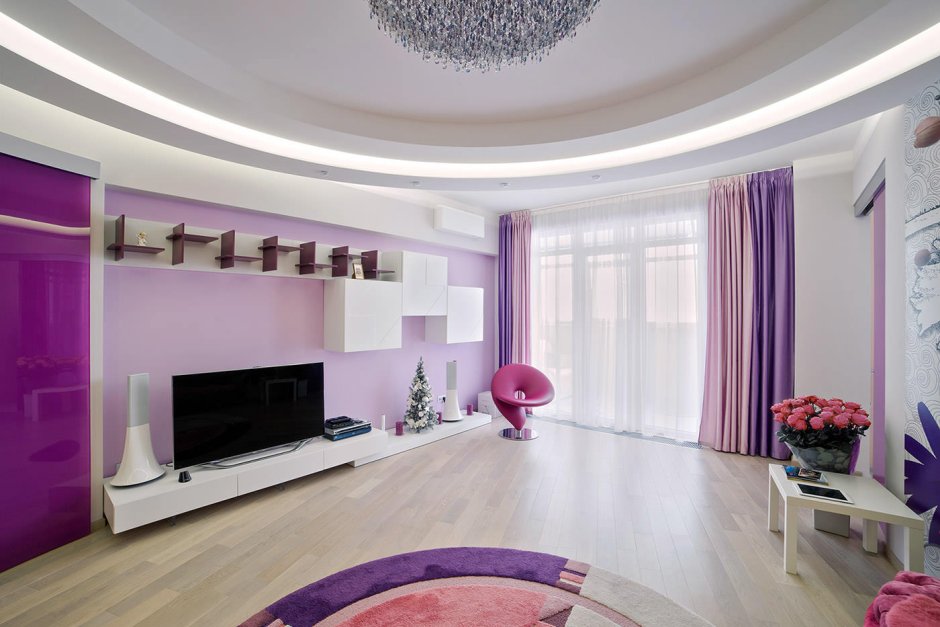 Дизайн гостиной в серо фиолетовых тонах