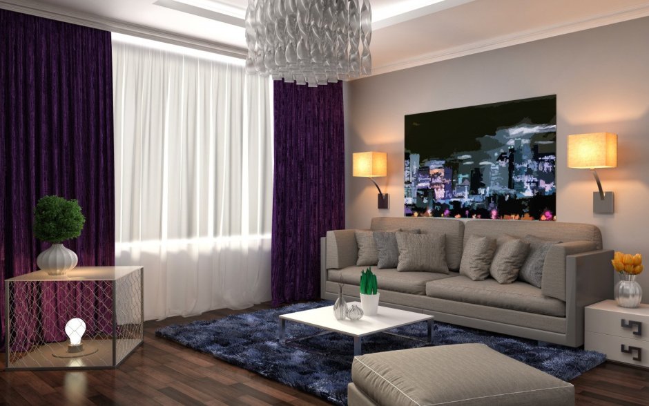 Коричневые шторы и фиолетовый диван