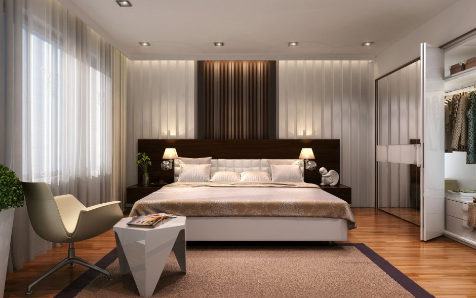 Дизайн спальни в современном стиле с креслом