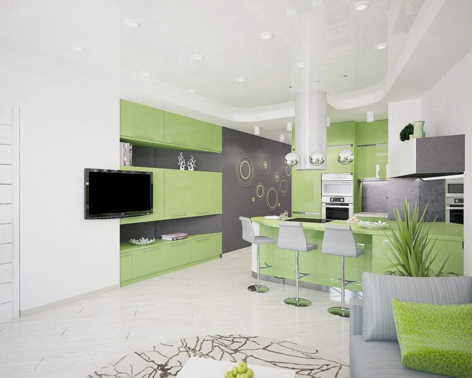 Серо зеленая кухня гостиная дизайн