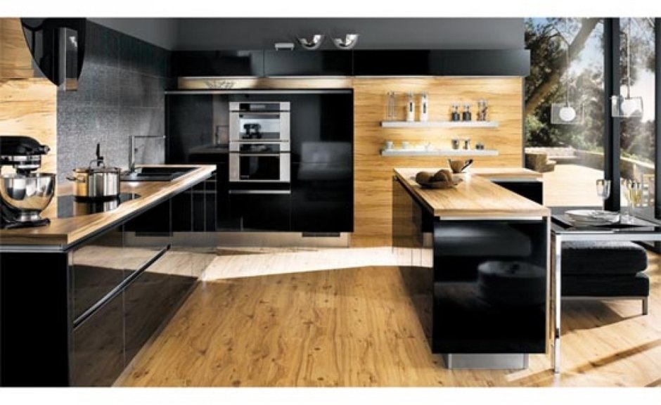 Кухня черно деревянная дизайн