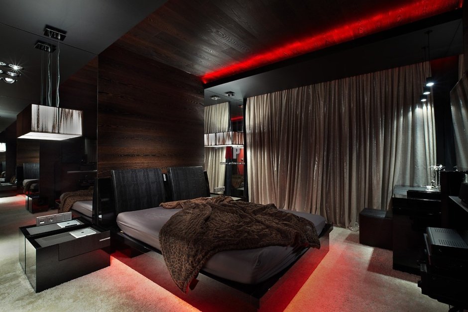 Дизайн интерьера зала с красный черно