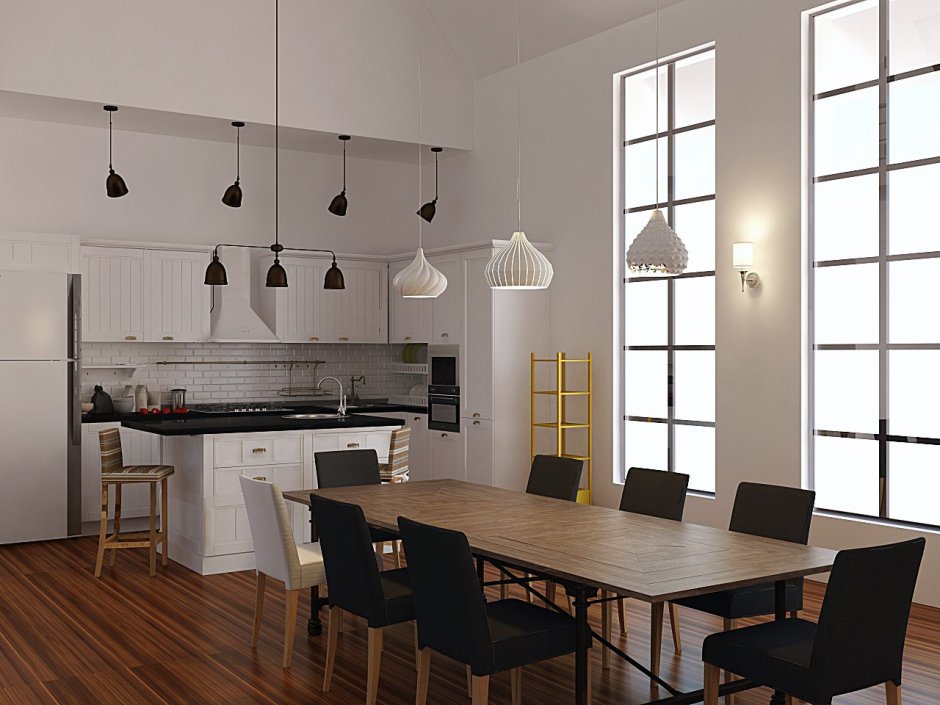 Дизайн кухни гостиной с черными светильниками
