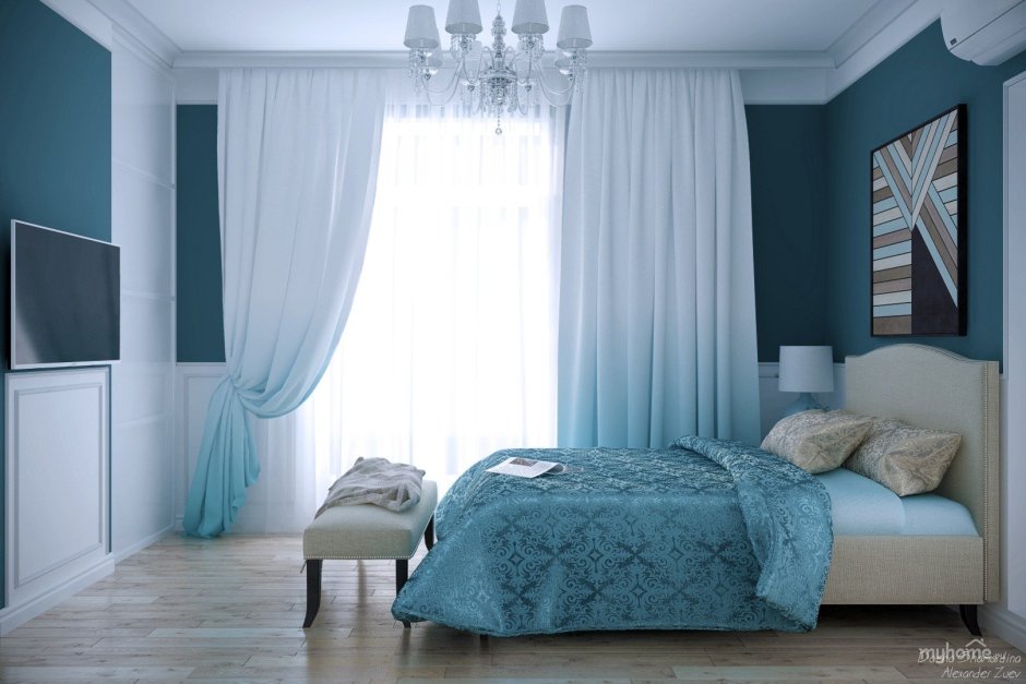Спальня в серых тонах с синей кроватью
