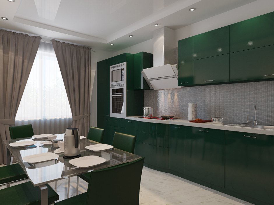 Белая кухня с зелеными занавесками